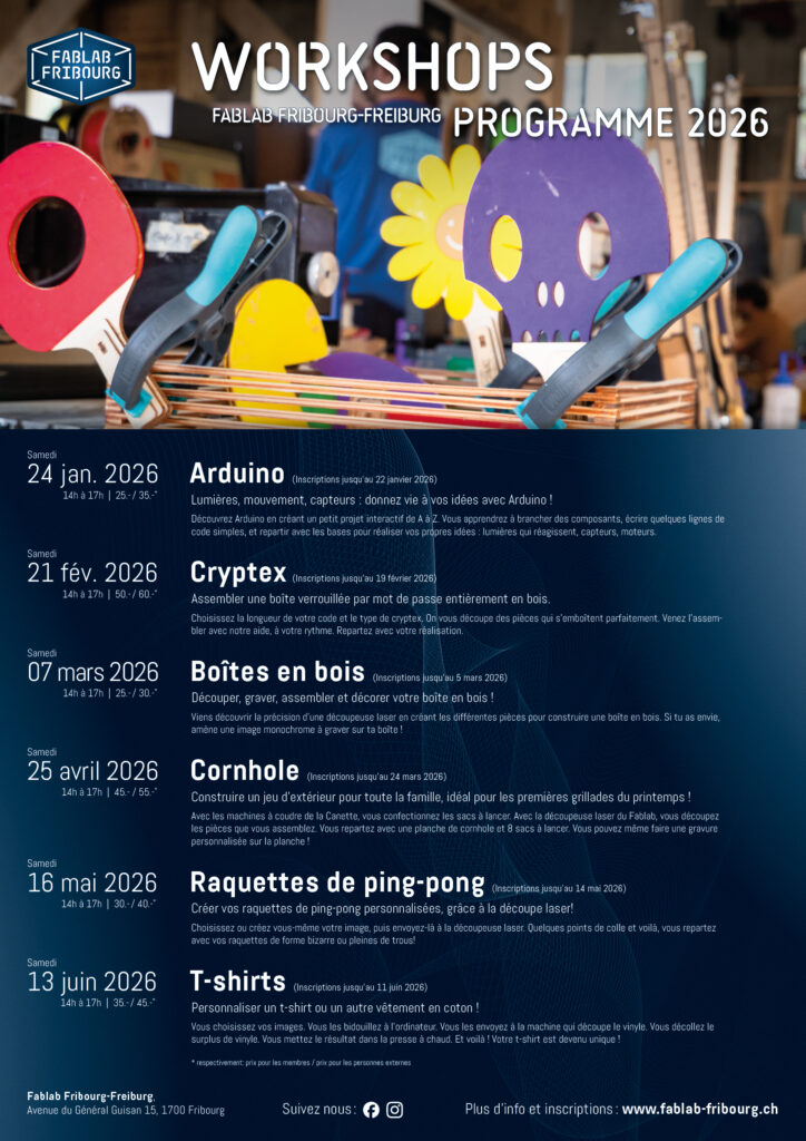 Programme printemps 2026 des workshops du Fablab Fribourg